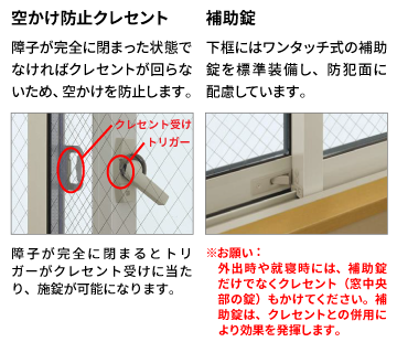 空かけ防止クレセント 補助錠